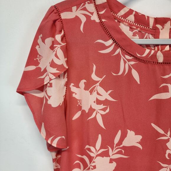 41Hawthorn Floral Ruffle Sleeve Blouse Size L Eyelet Neck Chiffon Flowy Office - Picture 3 of 7